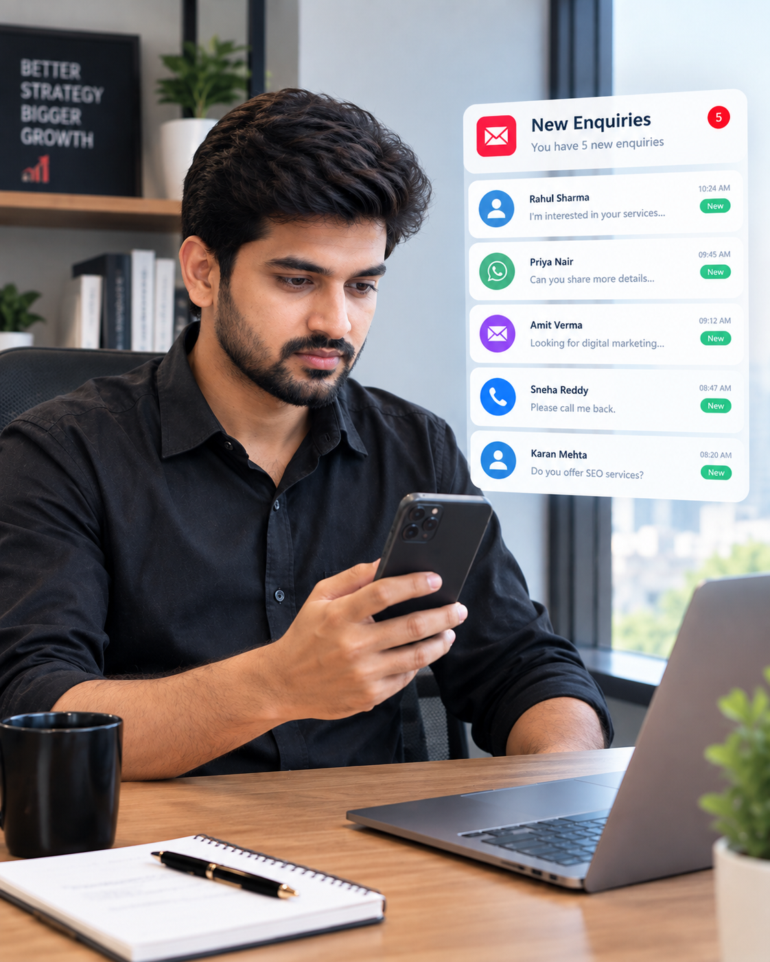 business owner reviewing enquiries on a phone