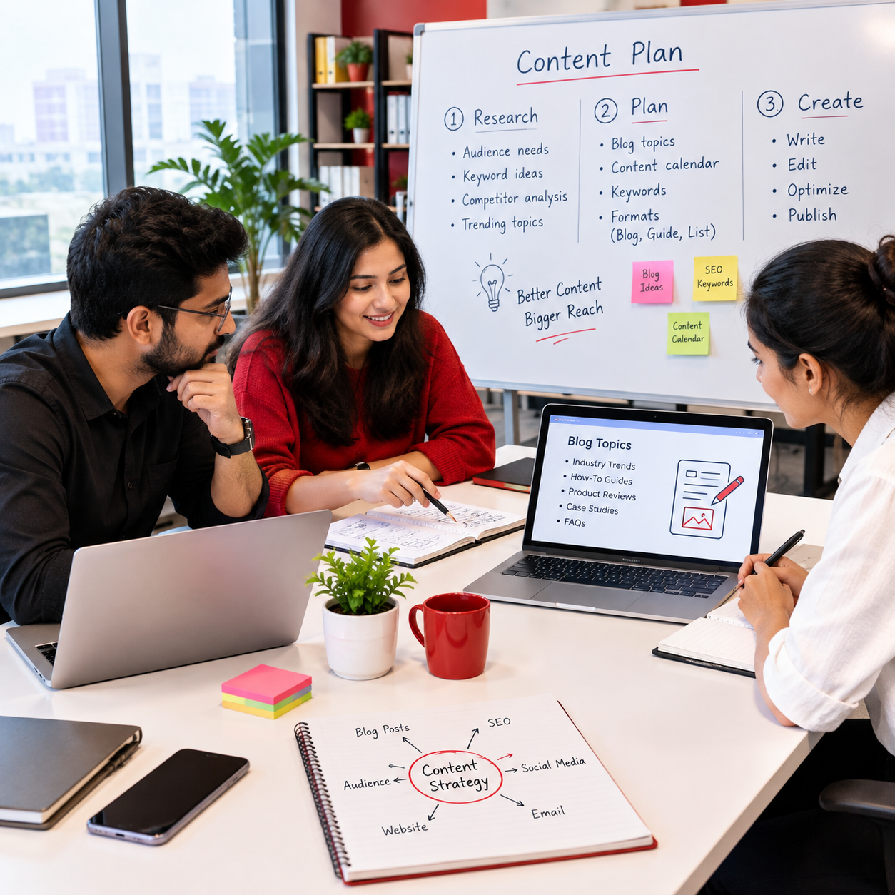 Content writing team planning articles for a Hyderabad business
