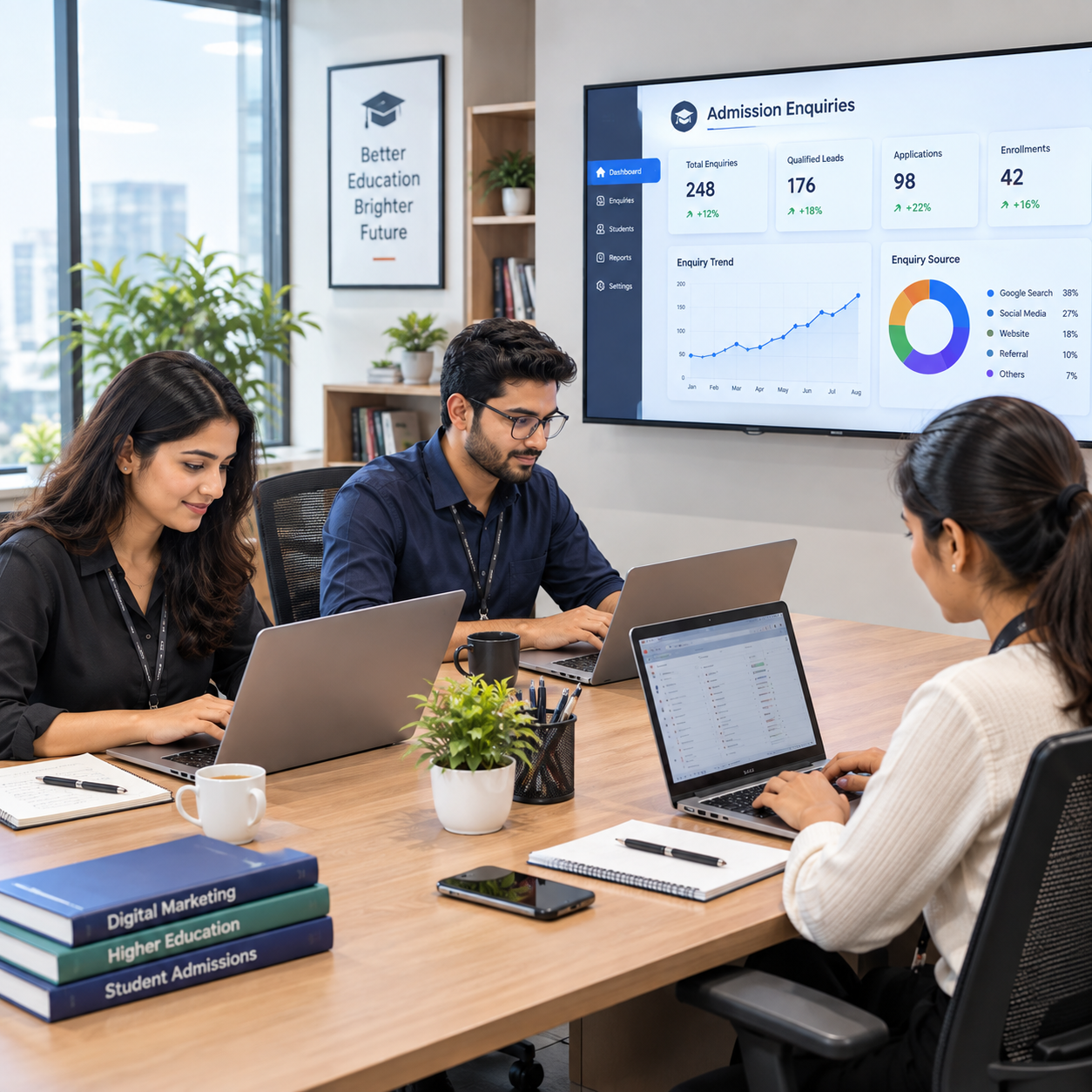 Education digital marketing team reviewing admission enquiries for a Hyderabad institute