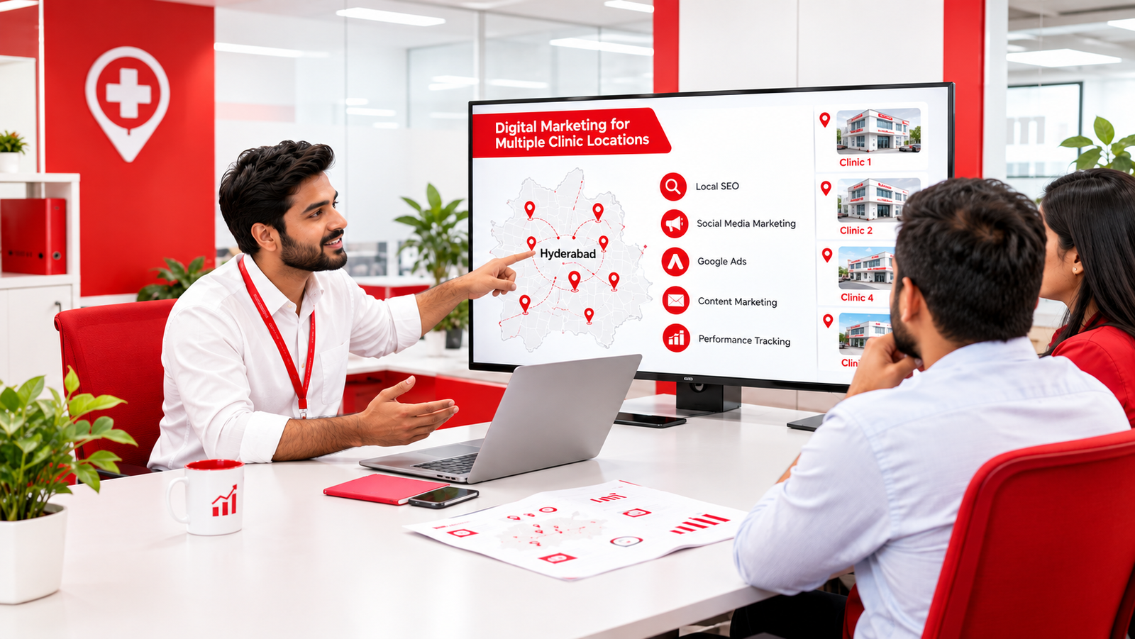 Map of multiple clinic locations across Hyderabad for a healthcare chain