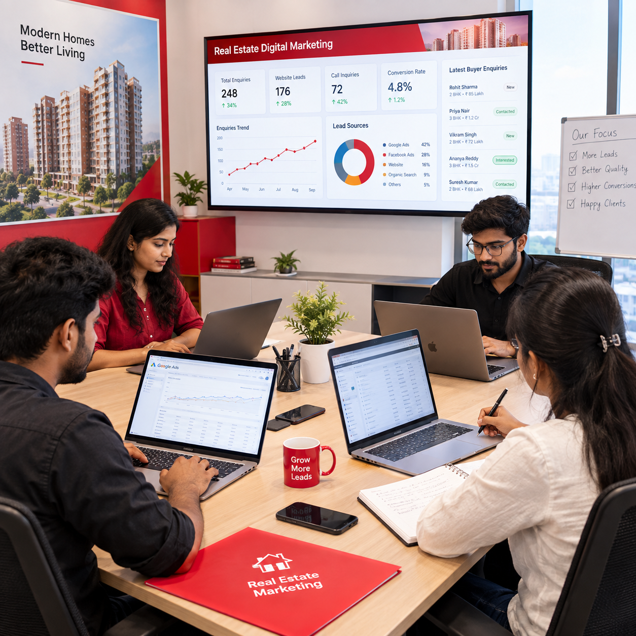 Real estate digital marketing team planning campaigns for a Hyderabad project