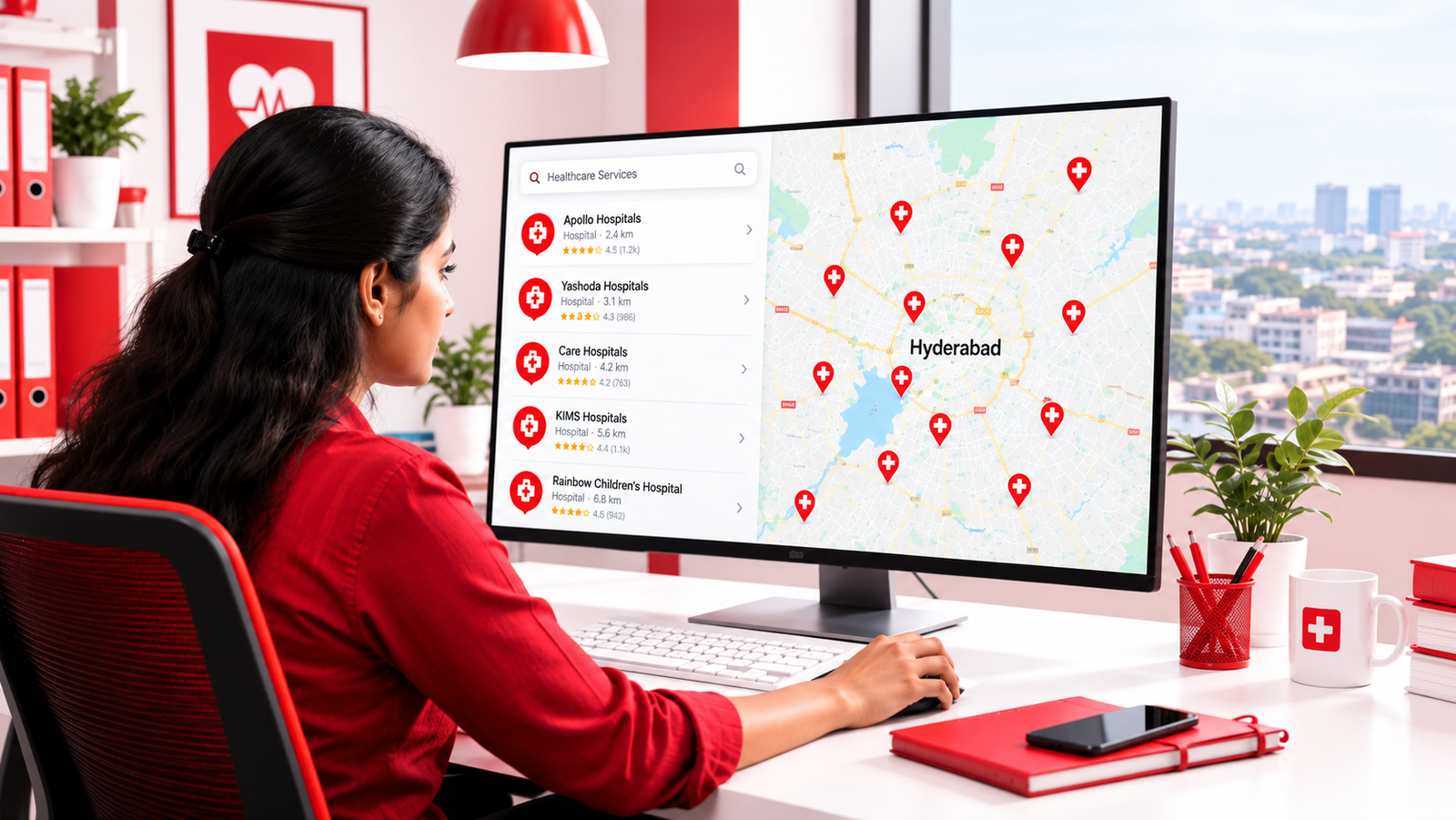 Map of Hyderabad healthcare hubs including Banjara Hills, Jubilee Hills, Somajiguda and Gachibowli