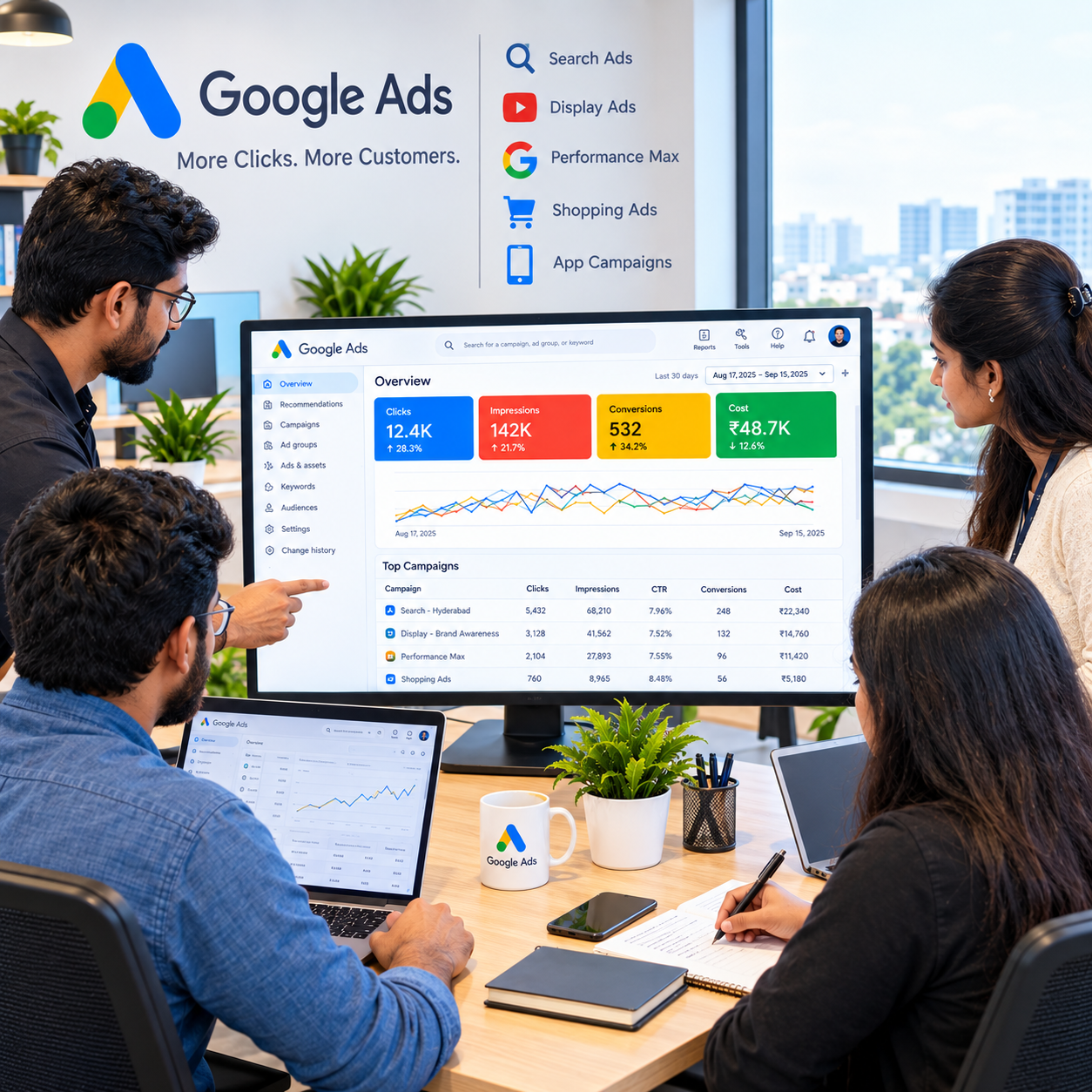 Google Ads campaign dashboard being managed for a Hyderabad business