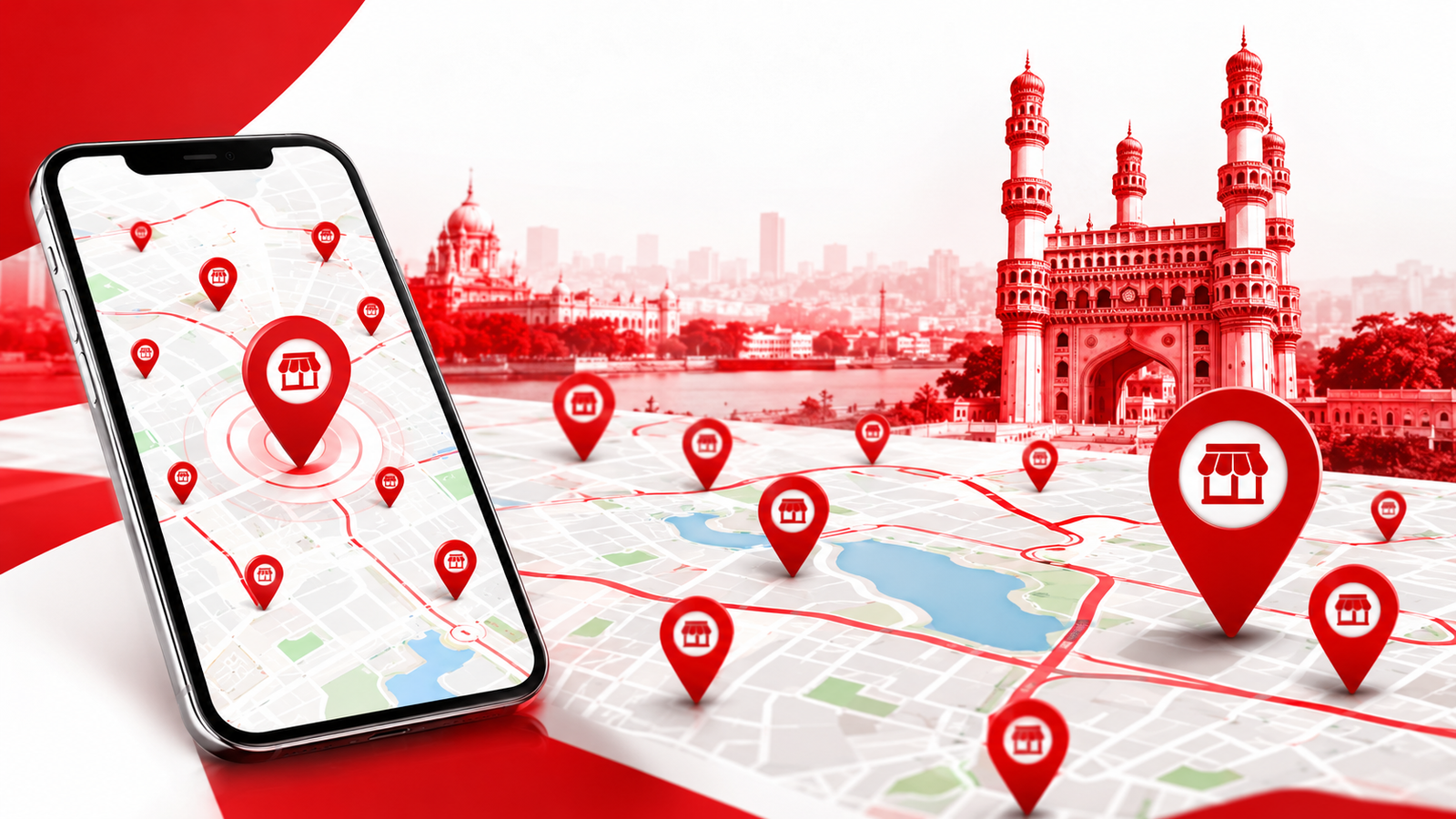 Map showing multiple business location pins across Hyderabad for local SEO