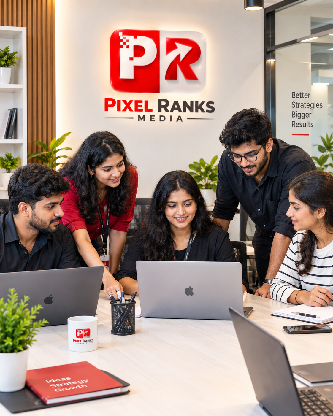 Pixel Ranks Media team working together in their Hyderabad office