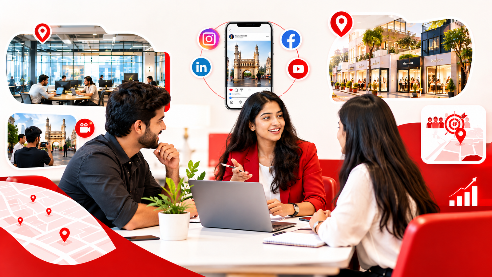 Social media marketing services in Hyderabad showing local neighbourhood targeting for Madhapur, Gachibowli, Banjara Hills and Jubilee Hills
