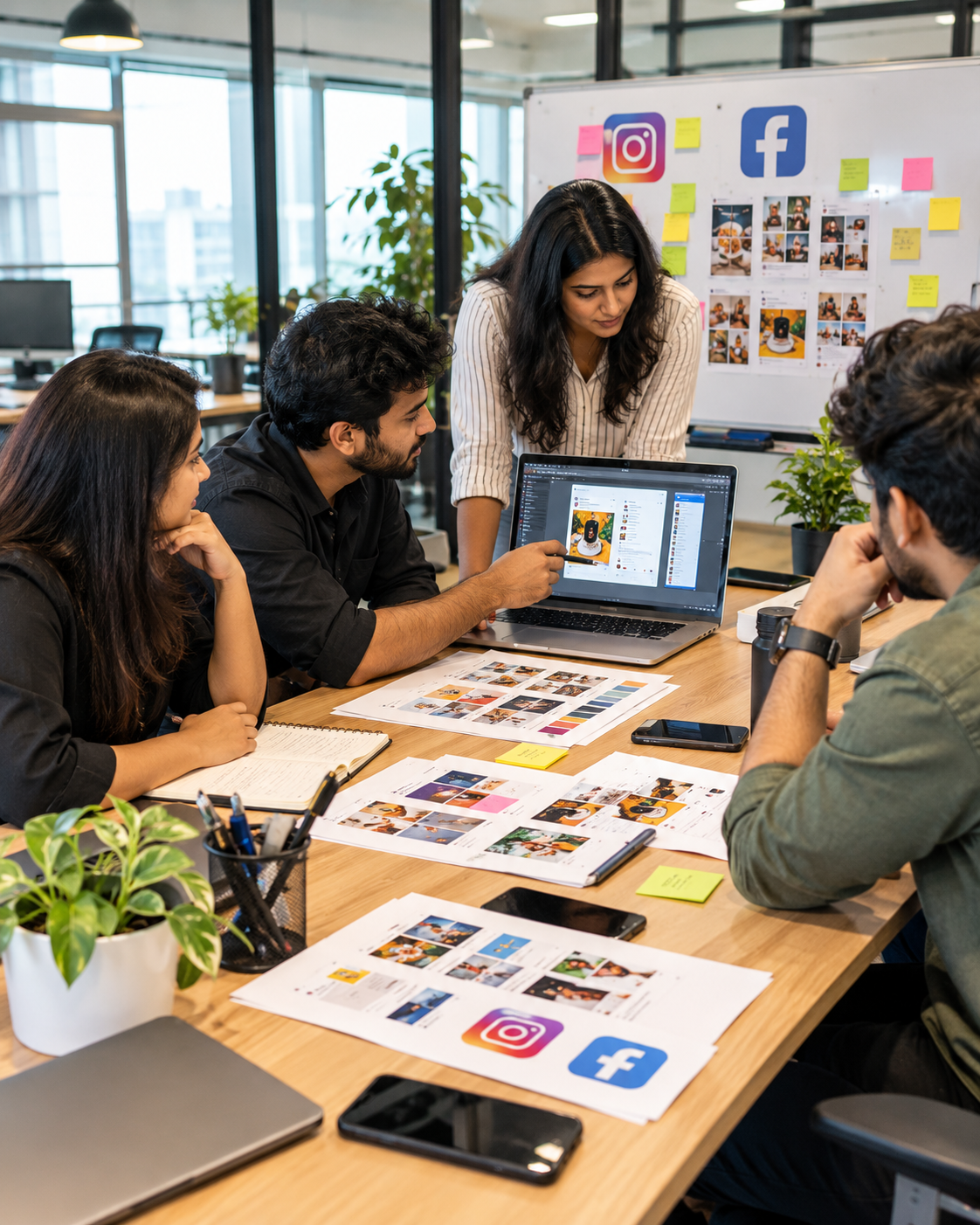 Social media marketing team in Hyderabad planning Instagram and Facebook content for a local business
