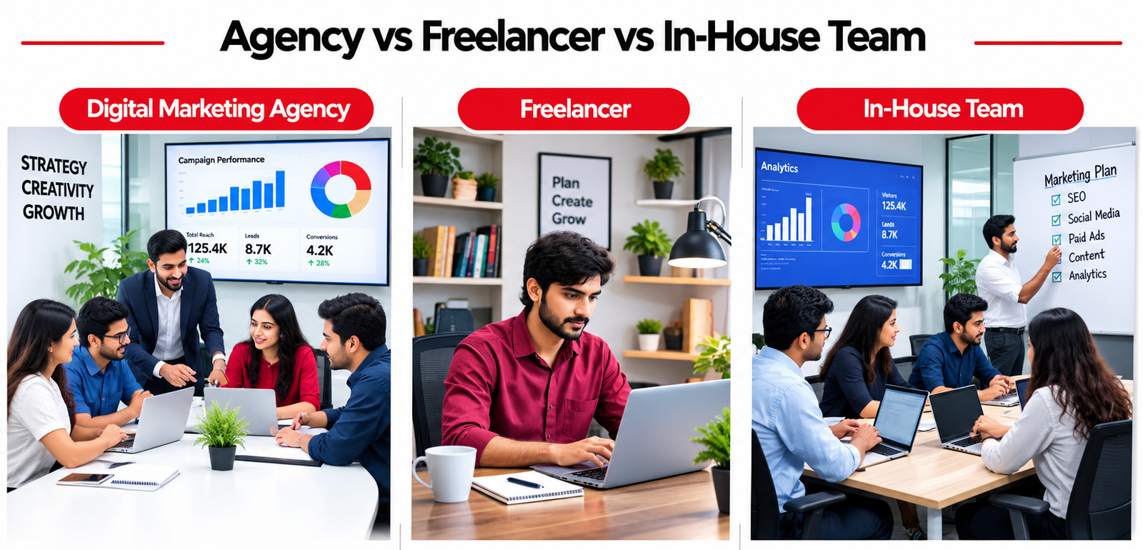 Comparison of a digital marketing agency, a freelancer and an in-house team