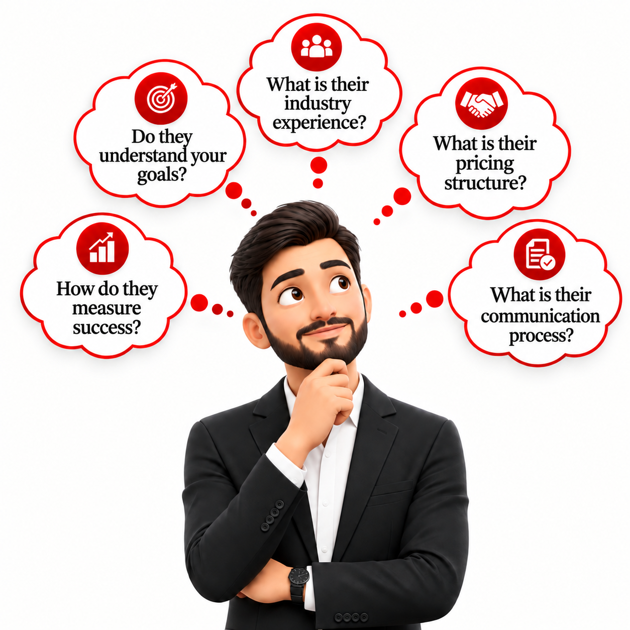 Business owner thinking through the questions to ask before hiring a digital marketing agency