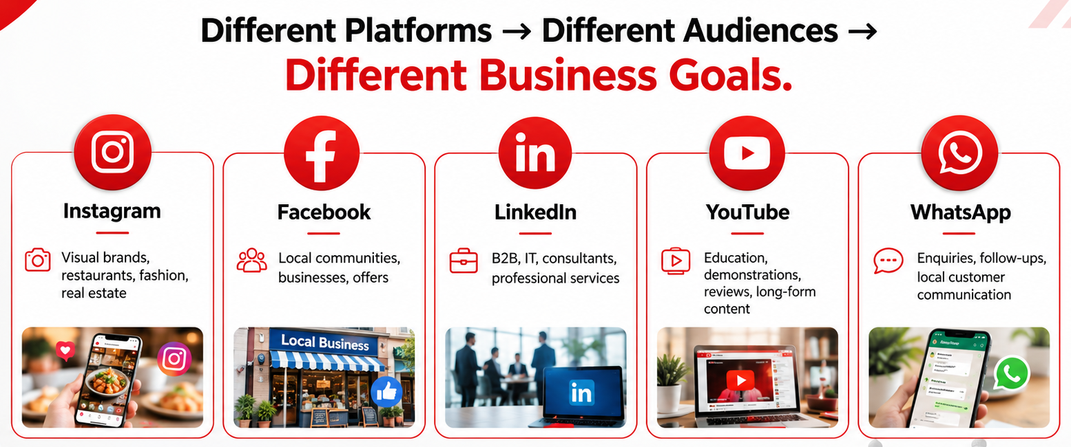 Different social media platforms for different business goals: Instagram, Facebook, LinkedIn, YouTube and WhatsApp compared