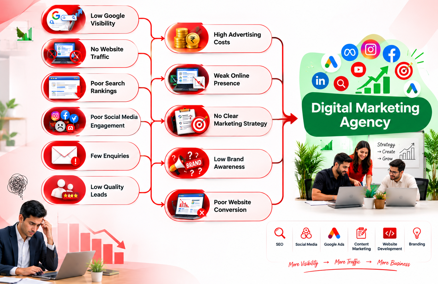 Graphic showing the move from common marketing problems to digital growth with the help of a digital marketing agency