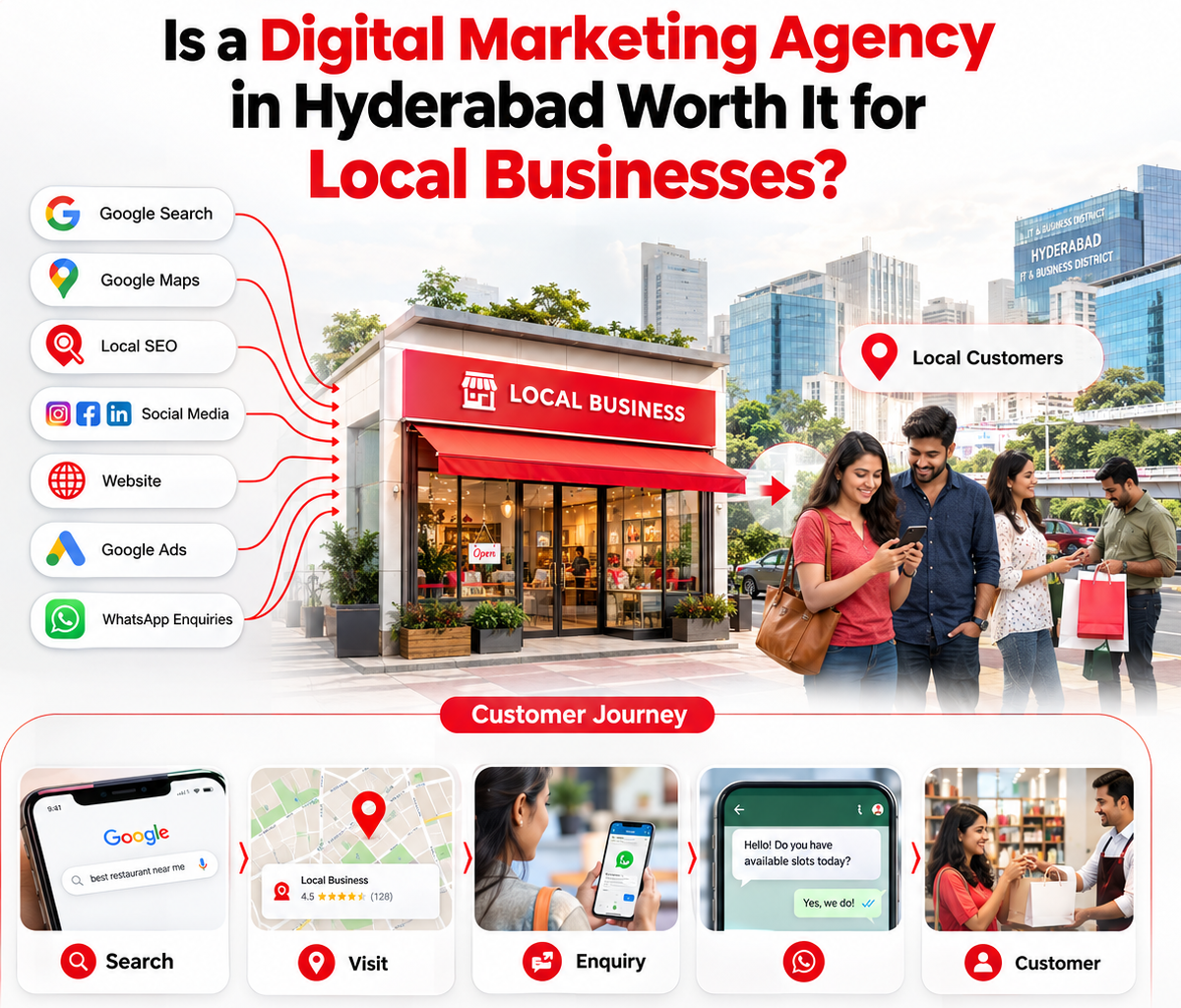 Is a digital marketing agency in Hyderabad worth it for local businesses: Google Search, Maps, local SEO, social media, website, Google Ads and WhatsApp bring local customers through search, visit, enquiry and purchase