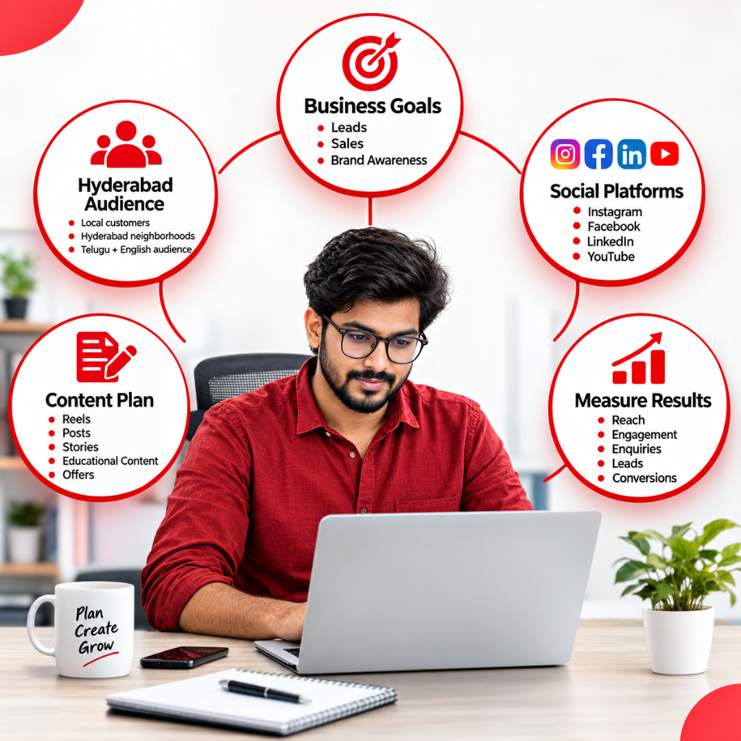 Social media strategy hub showing the key parts of a plan: goals, audience, platforms, content and measurement