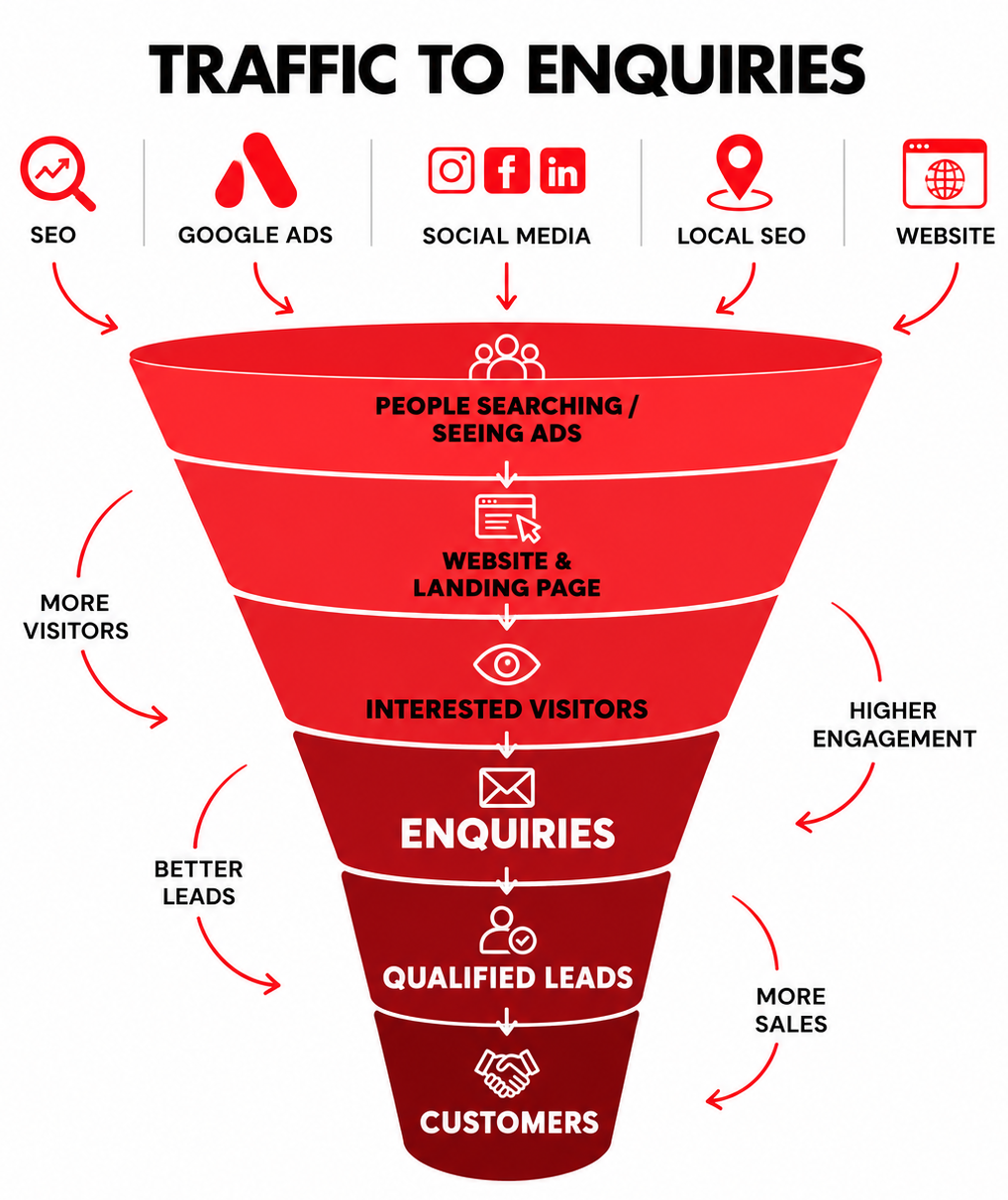 Traffic to enquiries funnel showing SEO, Google Ads, social media, local SEO and website bringing people to a landing page, then interested visitors, enquiries and qualified leads